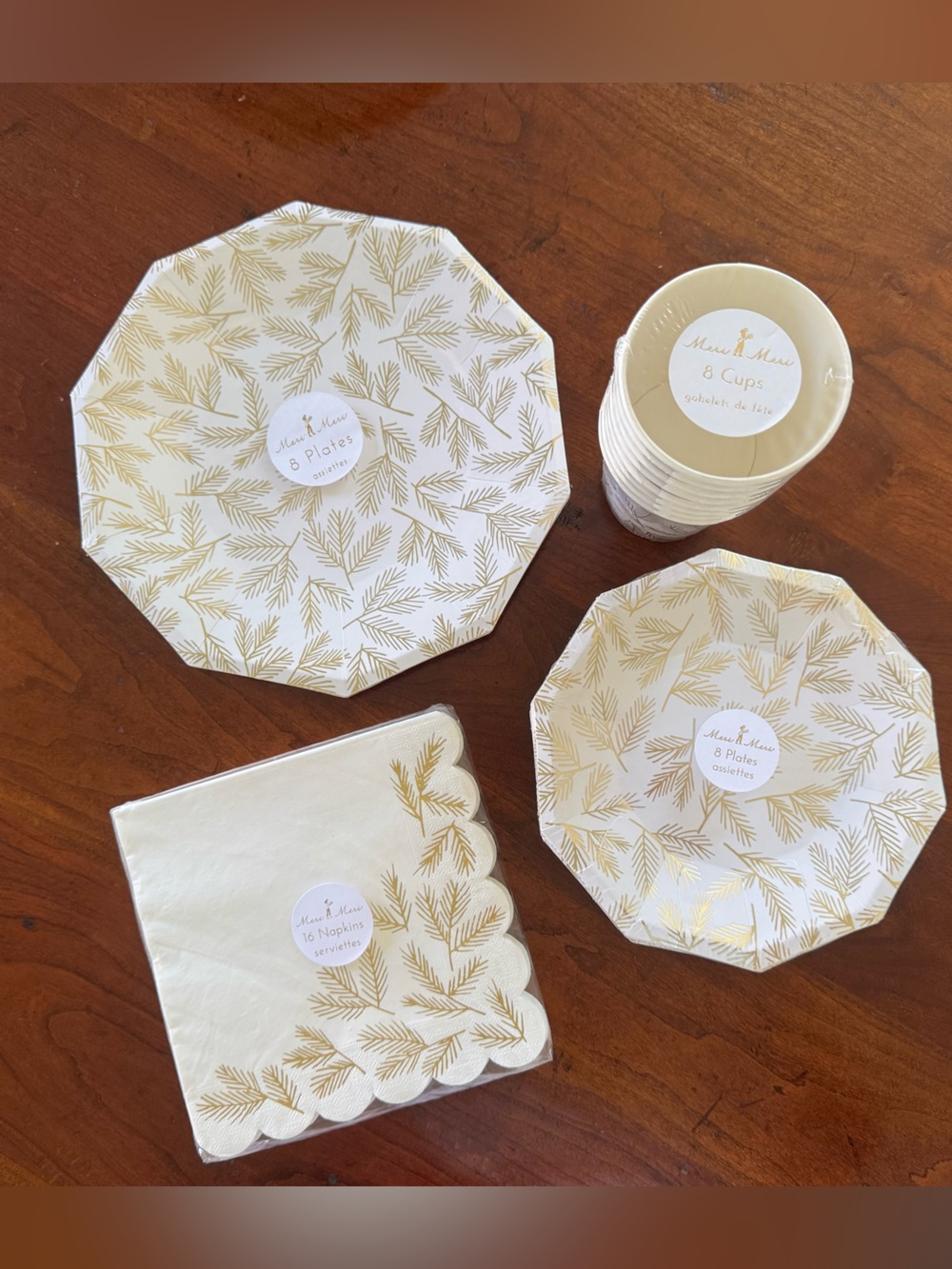 Meri Meri Gold Pine Holiday Plates, Napkins, and Cups Set